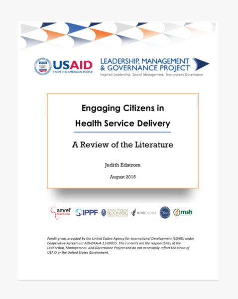 This report summarizes the current findings on citizen engagement instruments and examines whether these interventions have contributed to enhanced health practices and ultimately on improved health outcomes. The publication was produced by PTF Adviser, Judith Edstrom, under USAID’s Leadership, Management, and Governance Project, a USAID-funded program to collaborate with health leaders and policy makers being Implemented by a consortium led by Management Sciences for Health (MSH).